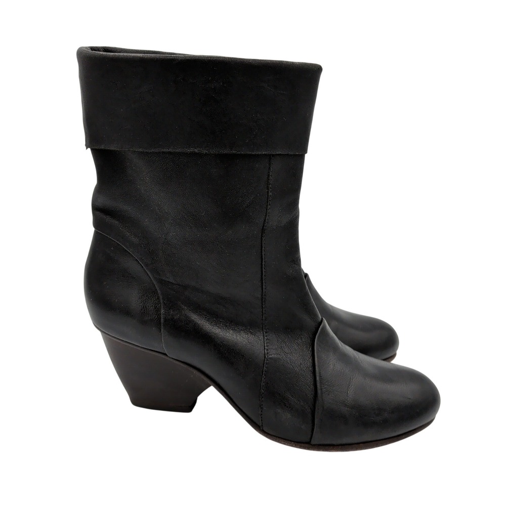 Coclico Black Leather Mid-Calf Boots Block Heel‎ Fold-Over Cuff Spain 37.5 7-7.5